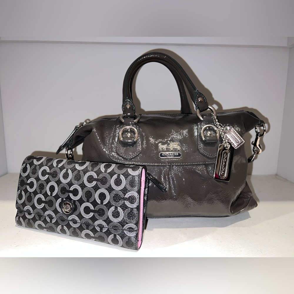 Grey Coach bag well taken care of with matching wallet.